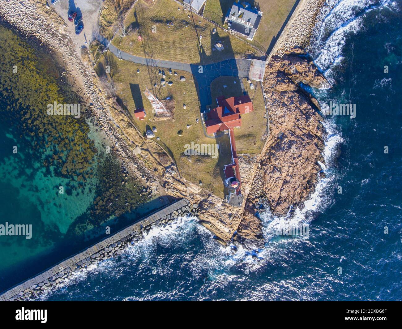 Aerial view of Eastern Point Lighthouse and Gloucester Harbor, Cape Ann ...