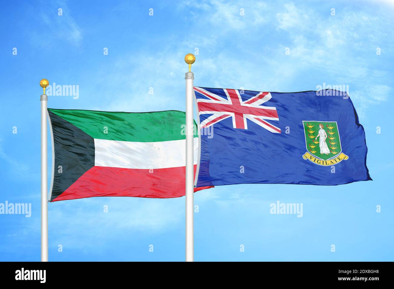 Kuwait and Virgin Islands British two flags on flagpoles and blue sky Stock Photo