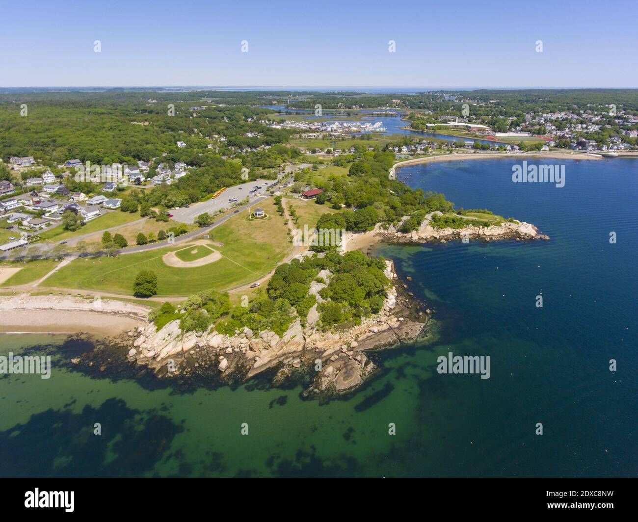 Stage Fort Park aerial view at Stage Head at Gloucester Harbor in Gloucester, Cape Ann, Massachusetts MA, USA. Stock Photo