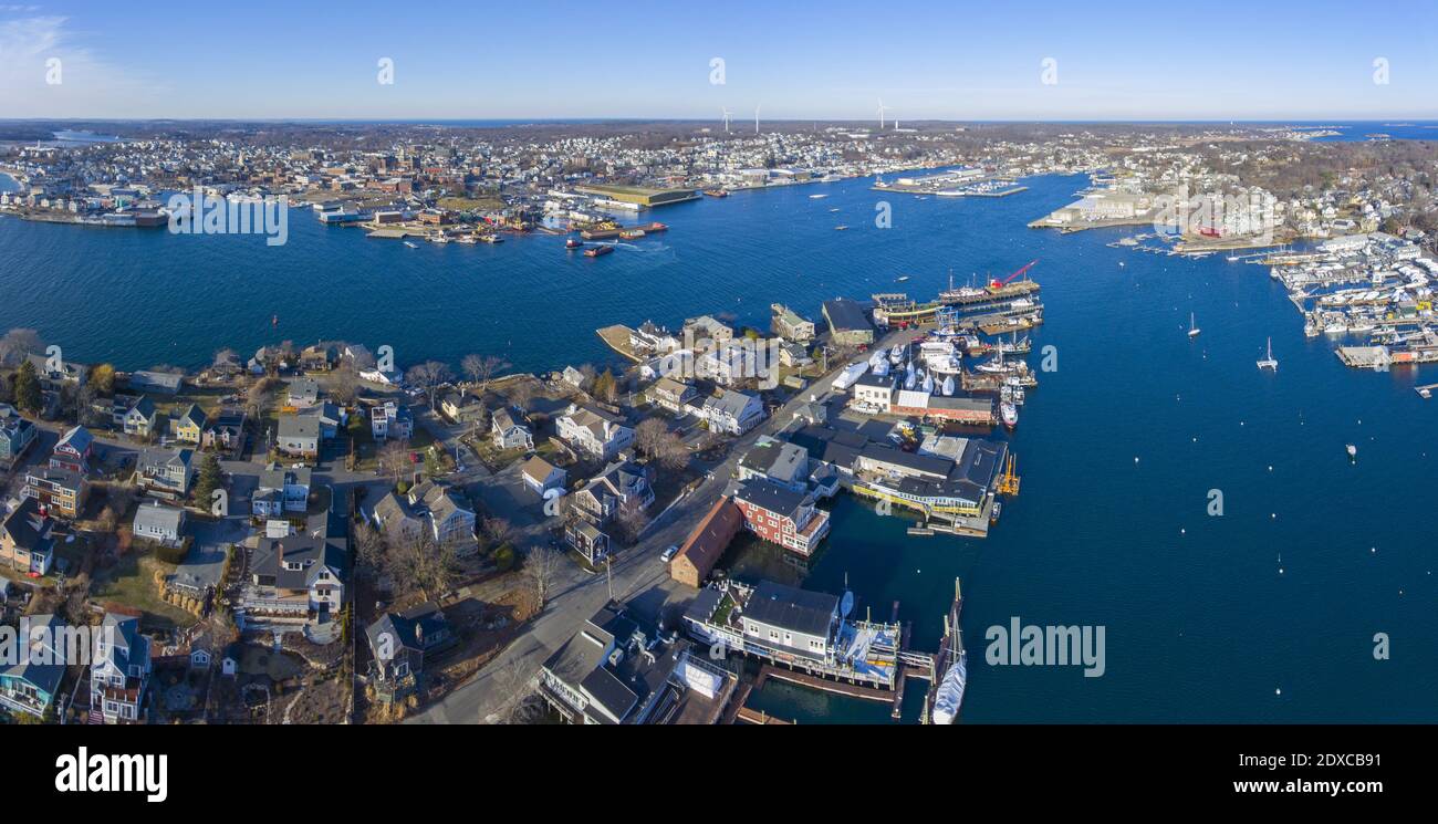 Aerial view of Rocky Neck and Gloucester Harbor in City of Gloucester, Cape Ann, Massachusetts, USA. Stock Photo