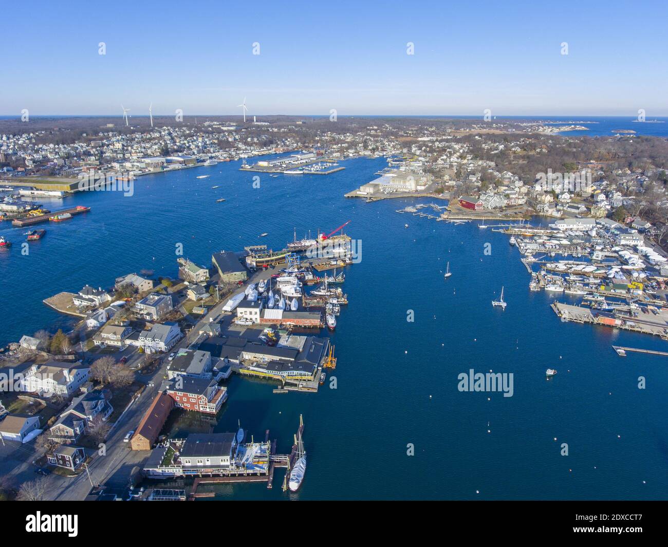 Aerial view of Rocky Neck and Gloucester Harbor in City of Gloucester, Cape Ann, Massachusetts, USA. Stock Photo