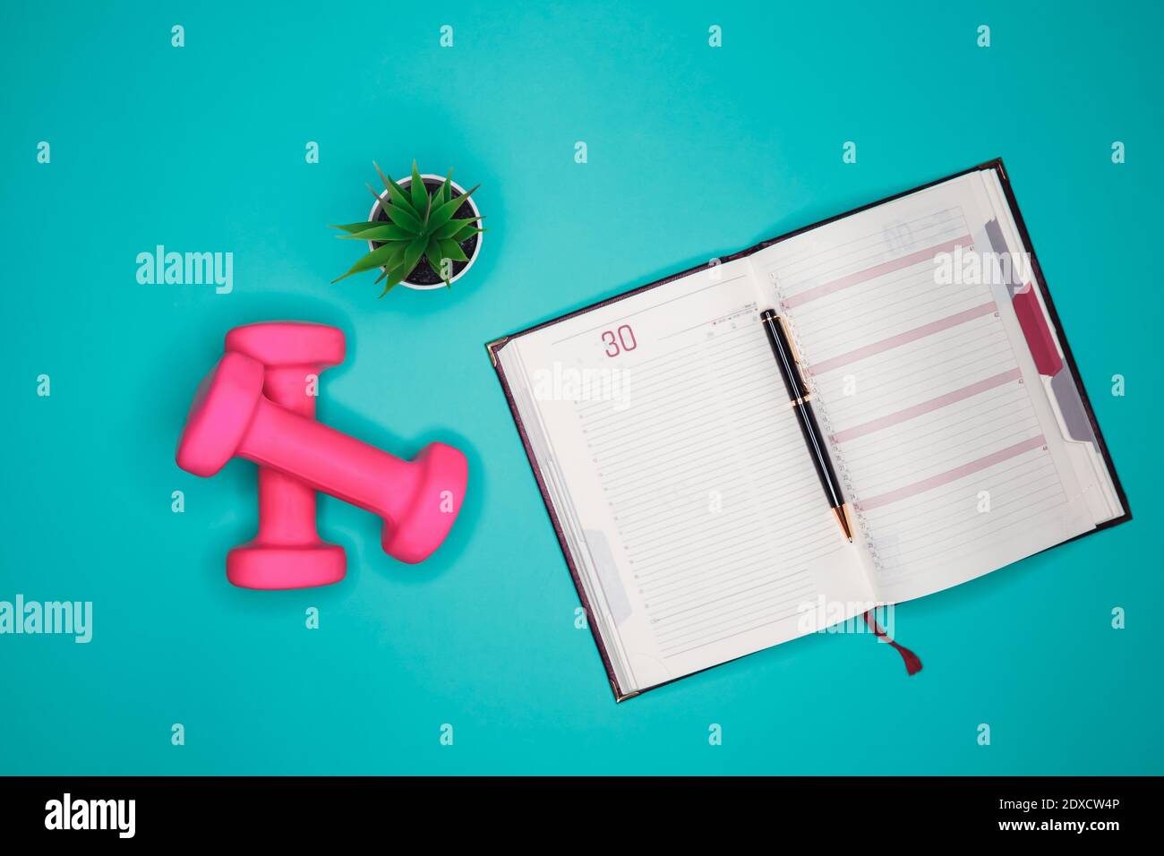 Workout plan in notebook. Flat lay of calendar plan with pink dumbbell