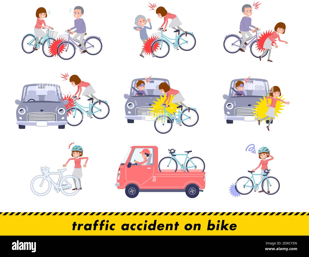 A set of women in a bicycle accident.It's vector art so easy to edit. Stock Vector