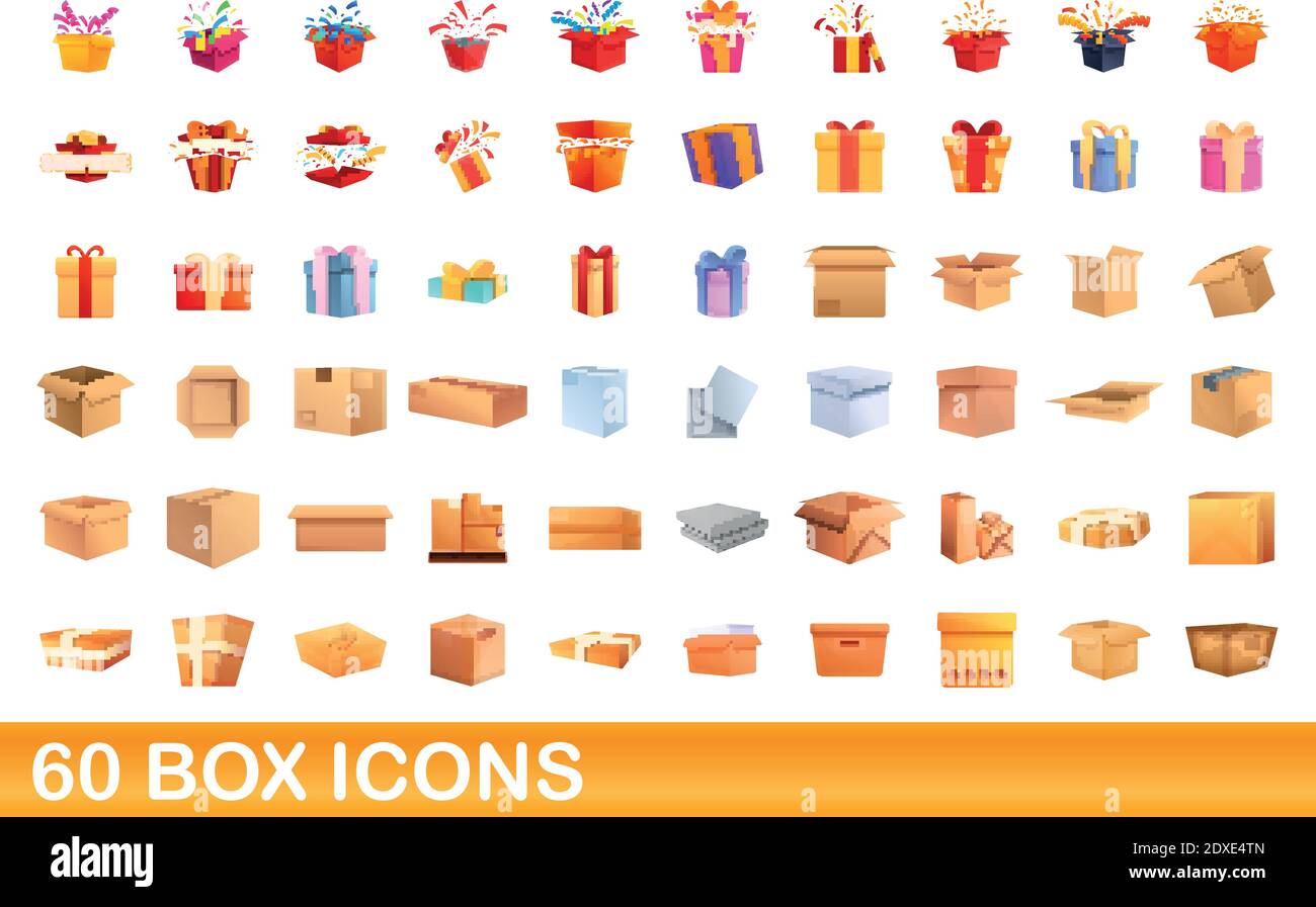 60 box icons set. Cartoon illustration of 60 box icons vector set isolated on white background Stock Vector