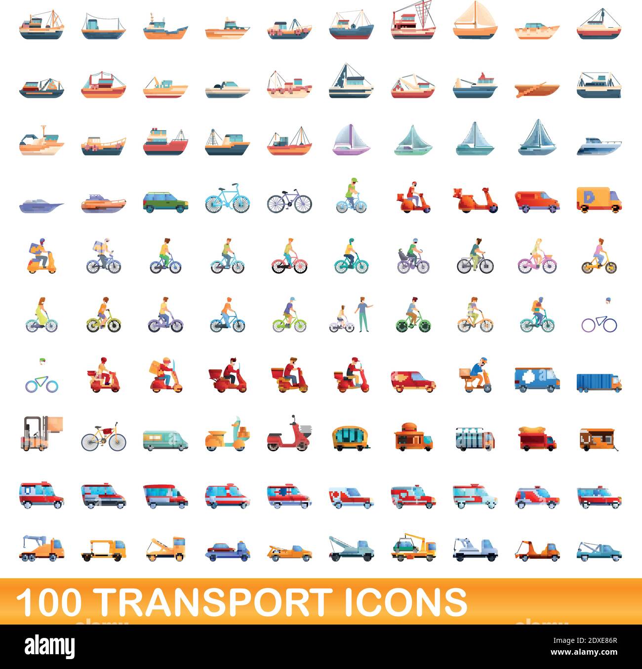 100 transport icons set. Cartoon illustration of 100 transport icons vector set isolated on white background Stock Vector