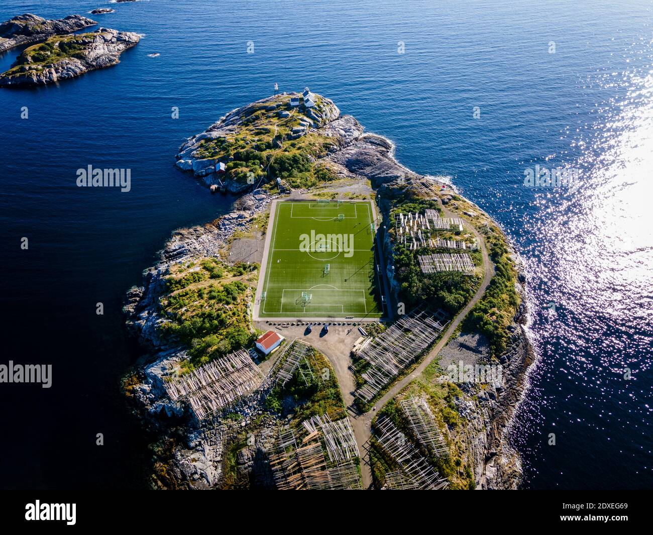 Football field on island at Henningsvaer, Lofoten, Norway Stock Photo
