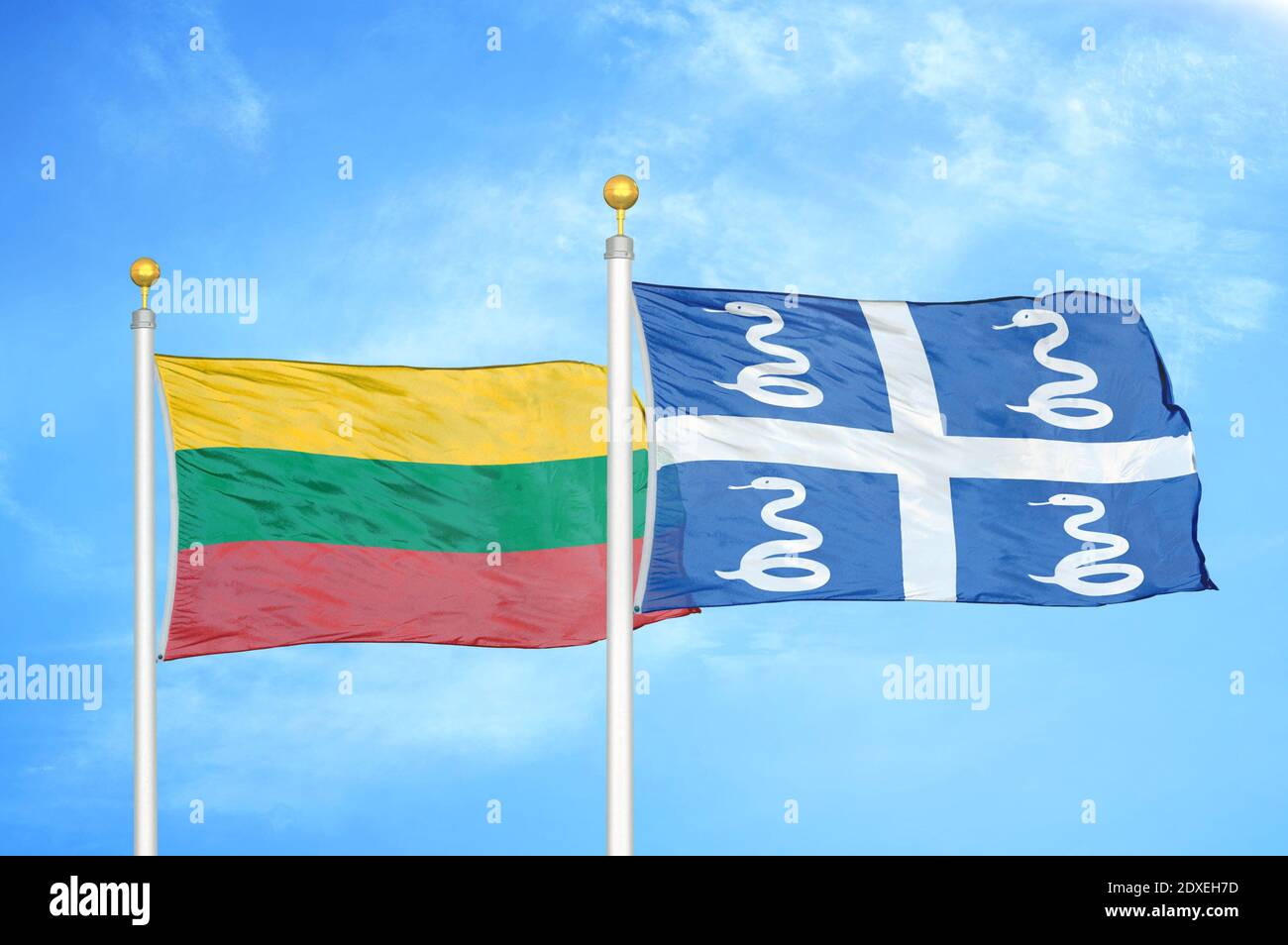 Lithuania and Martinique snake two flags on flagpoles and blue sky