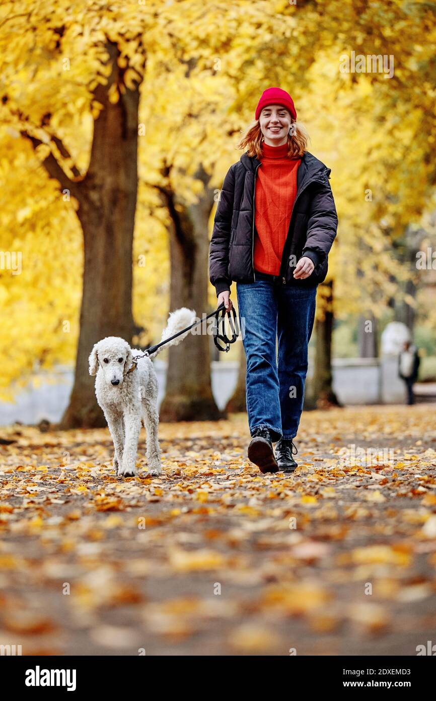 Smiling teenager girl walking with dog on road at park Stock Photo