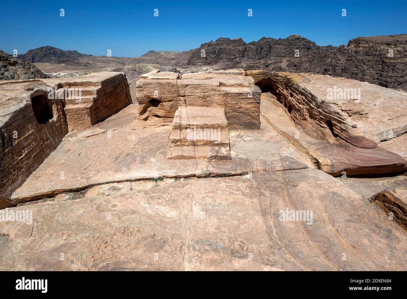 The High Place of Sacrifice (al-Madhbah in Arabic) at the ancient site of Petra in Jordan. Nabataean priests performed religious rituals here. Stock Photo