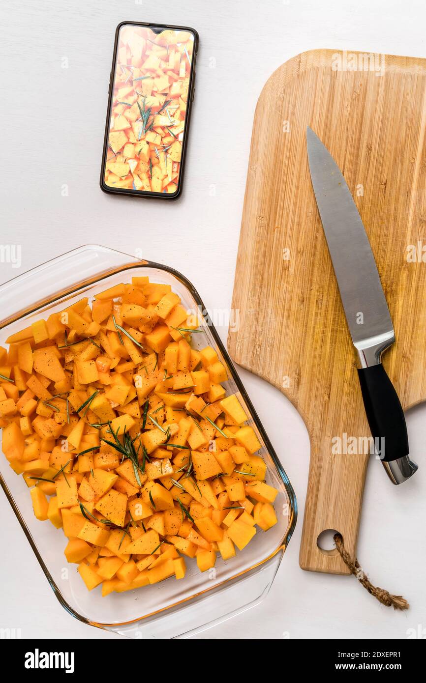 Pumpkin preparation. Perfect dish for fall season. Stock Photo