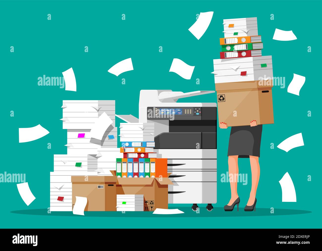 Stressed businesswoman holds pile of office documents. Overworked business woman with stacks of papers. Stress at work. Bureaucracy, paperwork, big data. Vector illustration in flat style Stock Vector