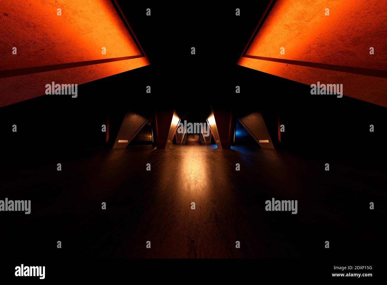 Three dimensional render of rows of columns along dark empty interior ...