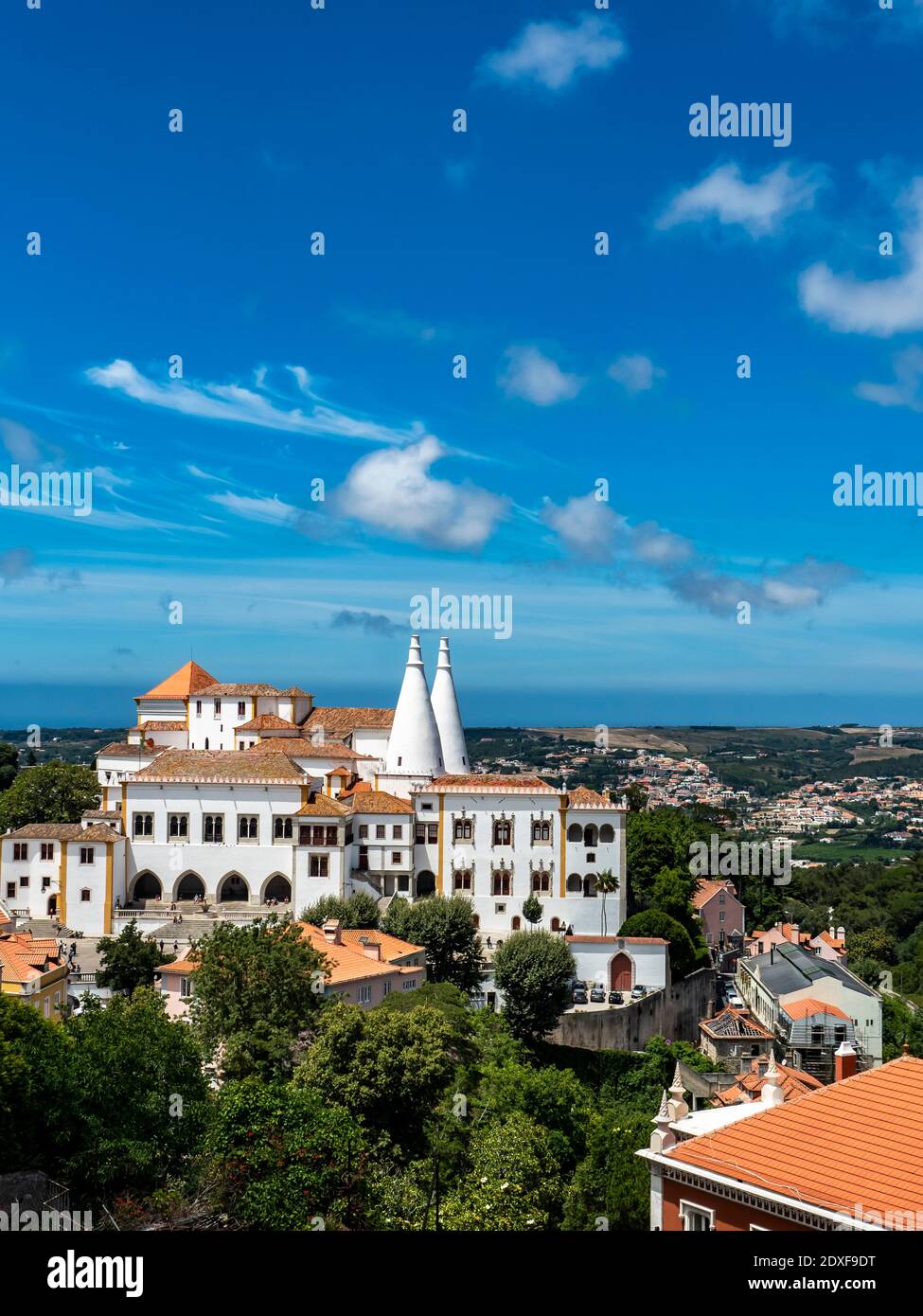 Portugal, Lisbon District, Sintra, Blue sky over Sintra National Palace in summer Stock Photo