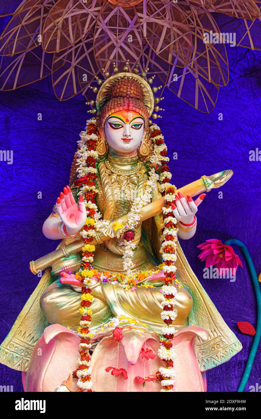 Goddess Saraswati idol decorated at Puja pandal, Saraswati ...