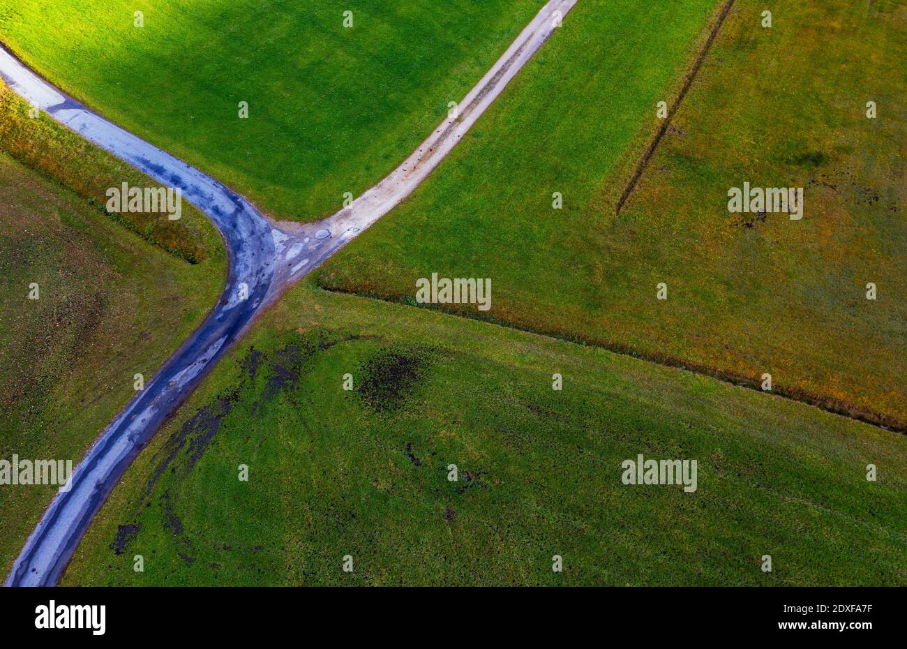 Drone view of countryside crossroad in autumn Stock Photo