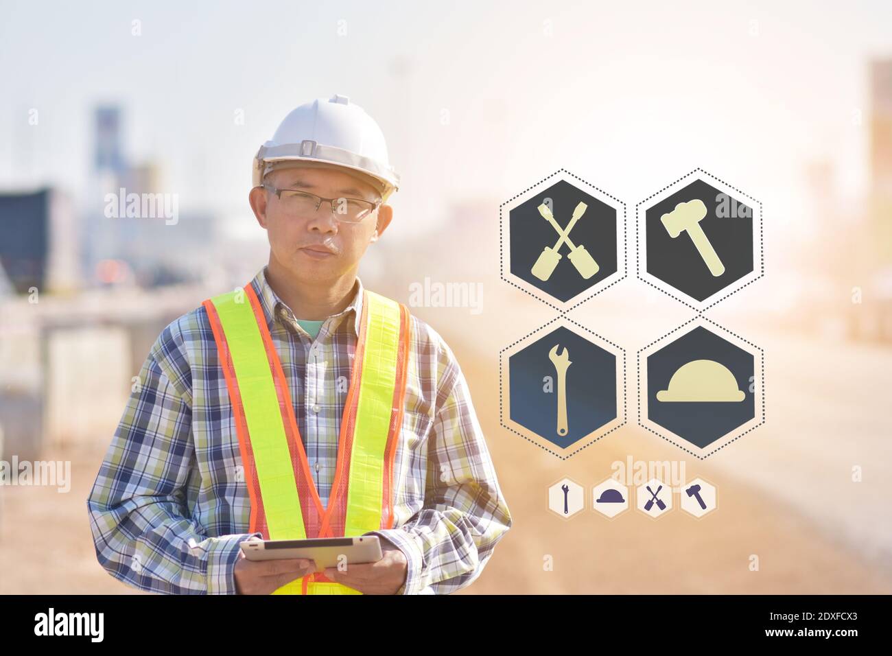 Engineering use tablet technology control work construction,Engineer ...