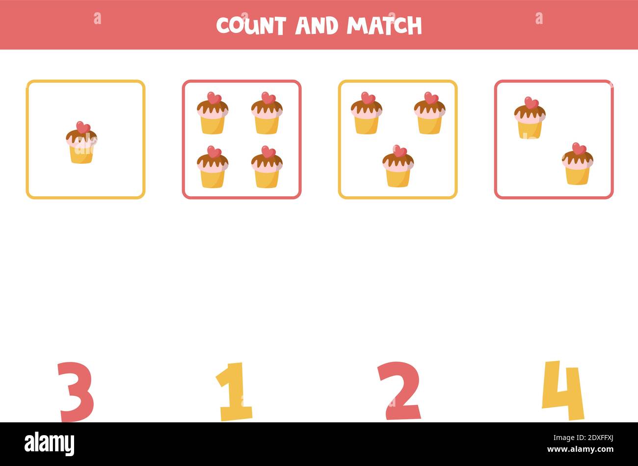 Count all valentine cupcakes and match with correct answer. Educational math game for kids. Stock Vector