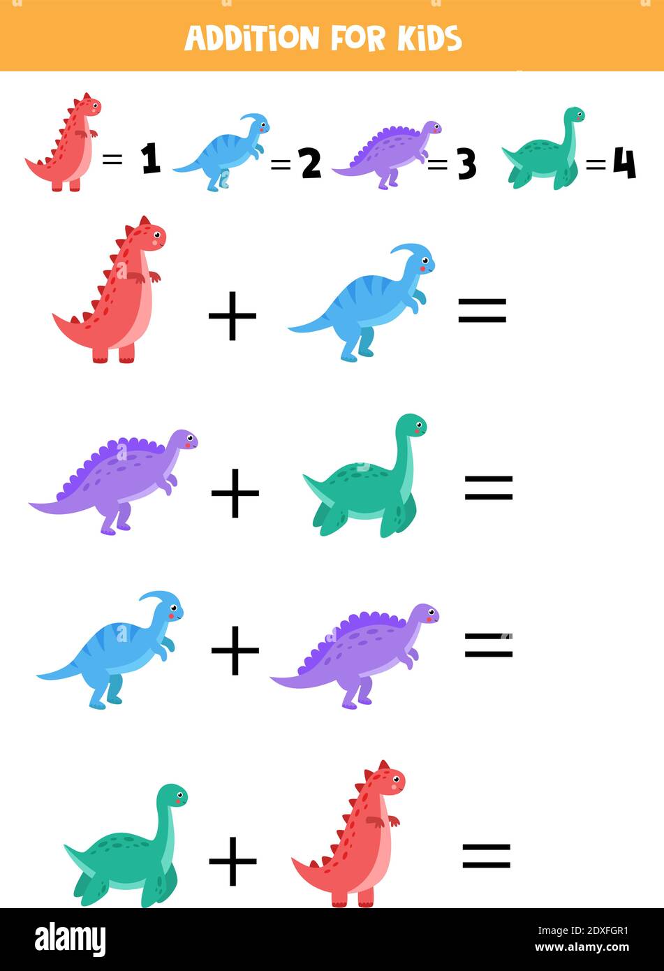 Addition game with different dinosaurs. Educational math game for kids ...