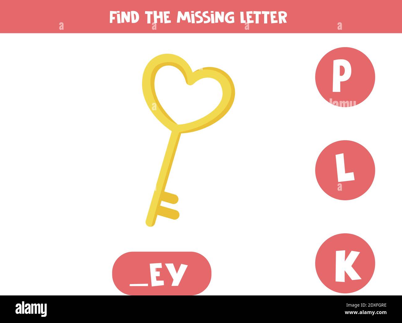Find missing letter with cute cartoon key. Spelling game for kids. Stock Vector