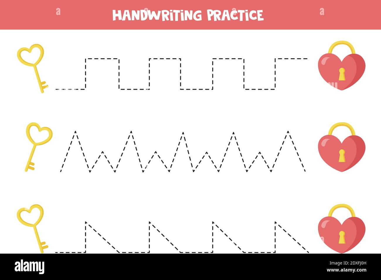 Tracing lines with cartoon key and lock in shape of heart. Handwriting