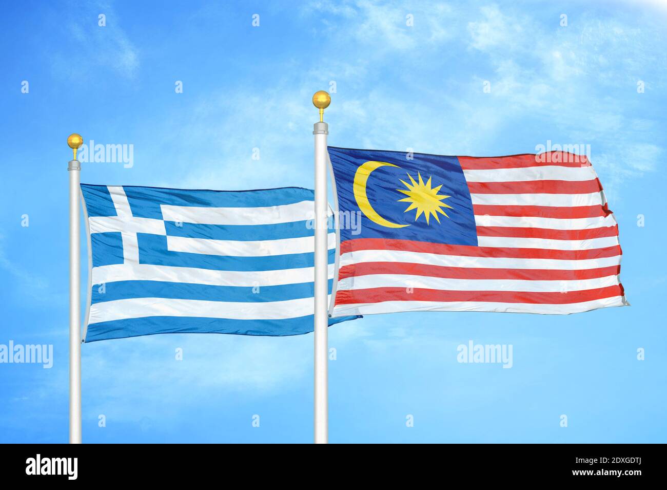 Greece And Malaysia Two Flags On Flagpoles And Blue Sky Stock Photo Alamy