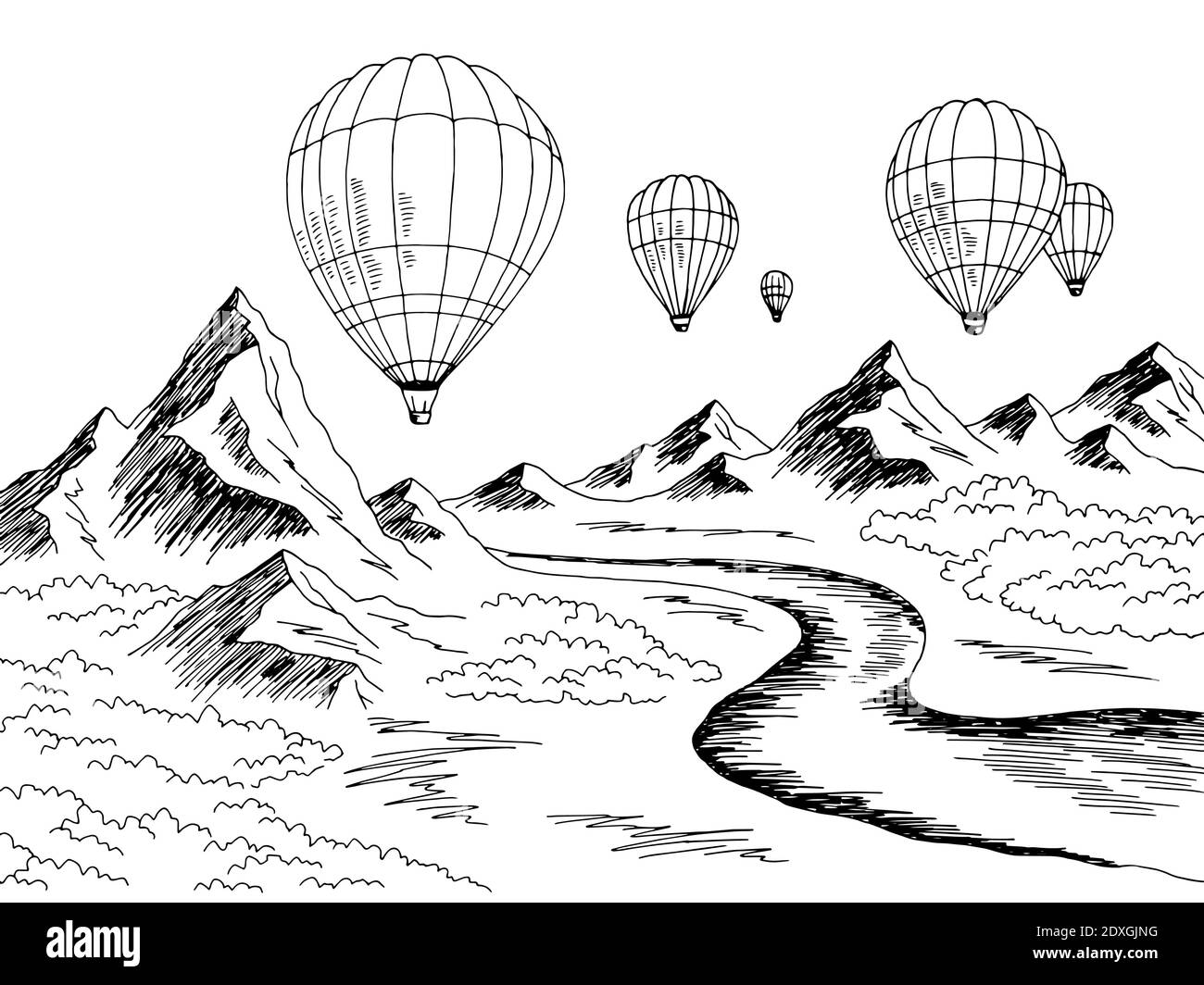 Air balloon travel mountain river graphic black white landscape sketch illustration vector Stock Vector
