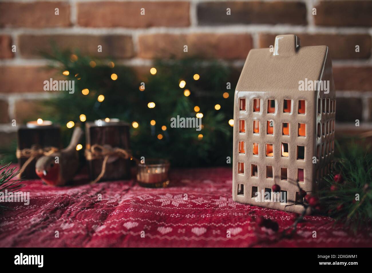 Christmas vintage candles and candlestick, christmas lights, christmas