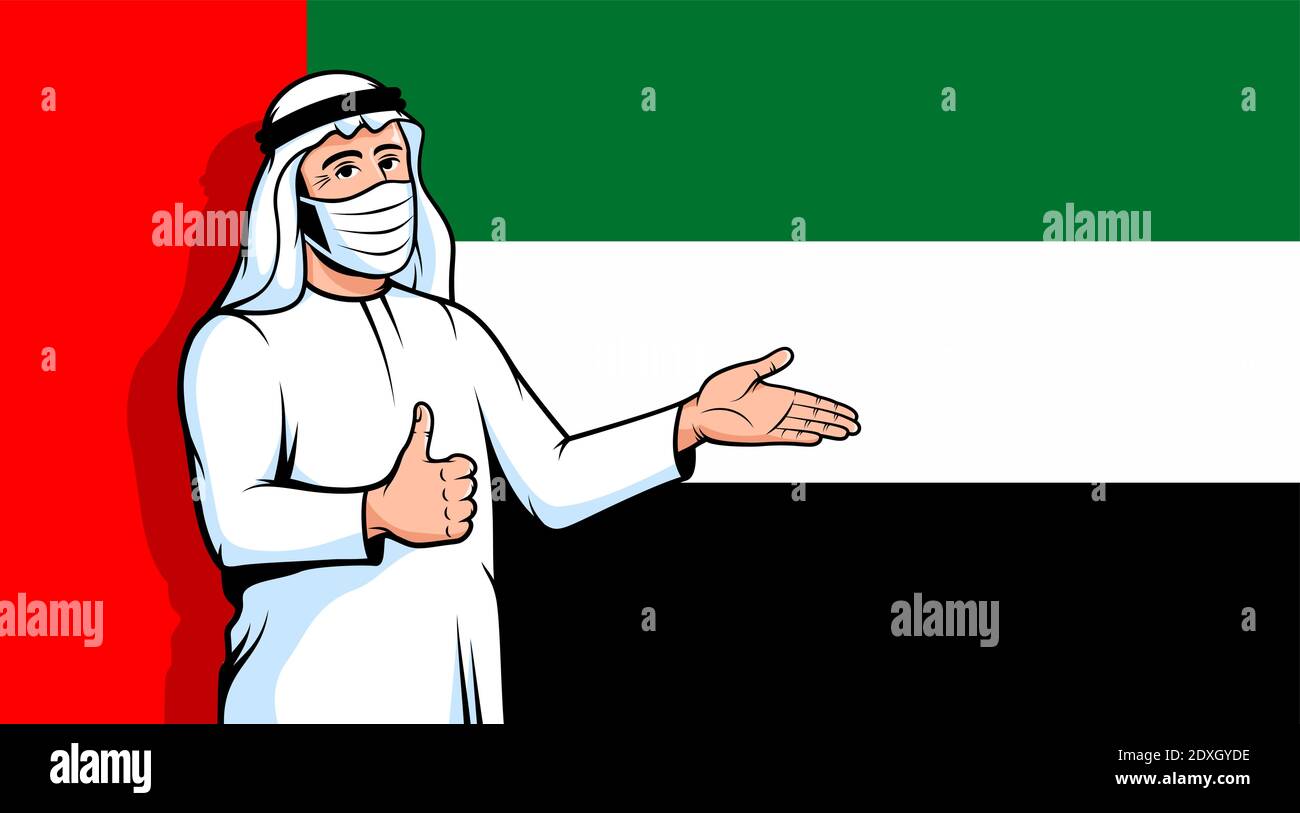 Arab man in fase mask thumbs up on UAE flag background Stock Vector ...