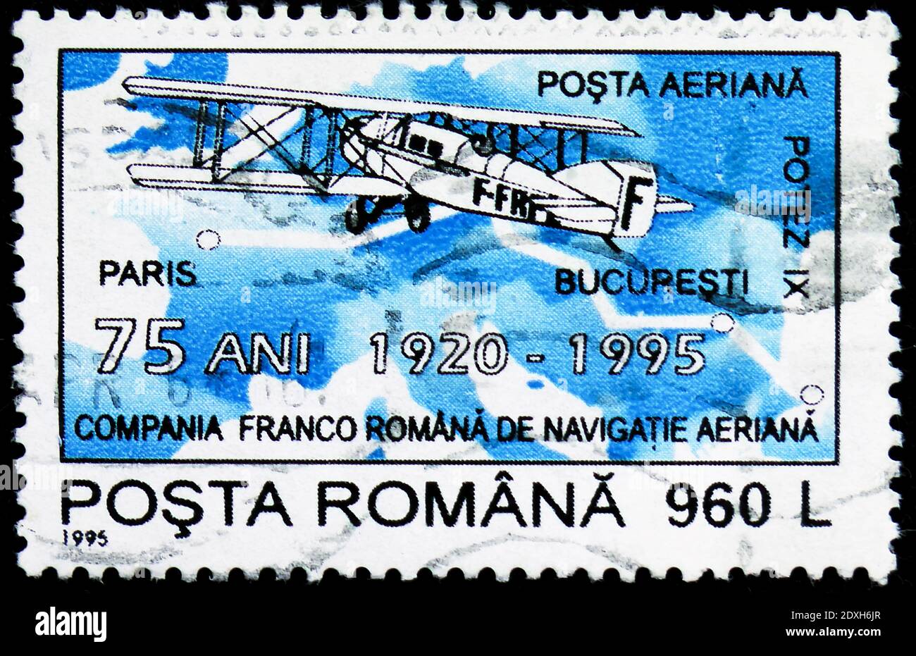 MOSCOW, RUSSIA - MARCH 30, 2019: A stamp printed in Romania shows Potez IX Airliner (1921), French-Romanian Aeronautical Agreement, 75th Anniversary s Stock Photo