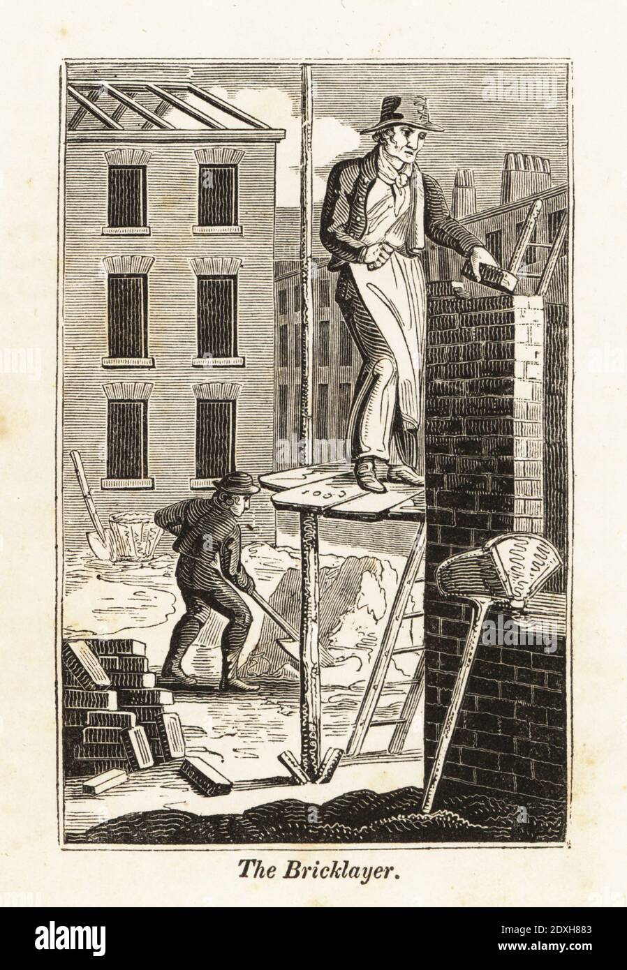 Bricklayer in apron and hat laying bricks with trowel and cement. He is standing on a platform on scaffolding, while a navvy shovels sand. Bricks, spade, shovel, hod, sand, cement on the building site. Woodblock engraving from The Book of English Trades, or Library of Useful Arts, F.C.& J. Rivington, London, 1821. Stock Photo