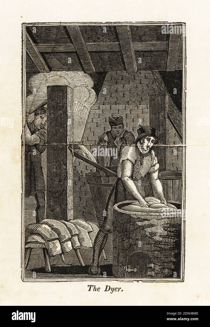 Dyer in apron and cap dunking bolts of cotton fabric in a vat in a workshop. A man works a pump to pour water into a vat to rinse cloth behind him, and bolts of fabric are piled onto stools. Woodblock engraving from The Book of English Trades, or Library of Useful Arts, F.C.& J. Rivington, London, 1821. Stock Photo