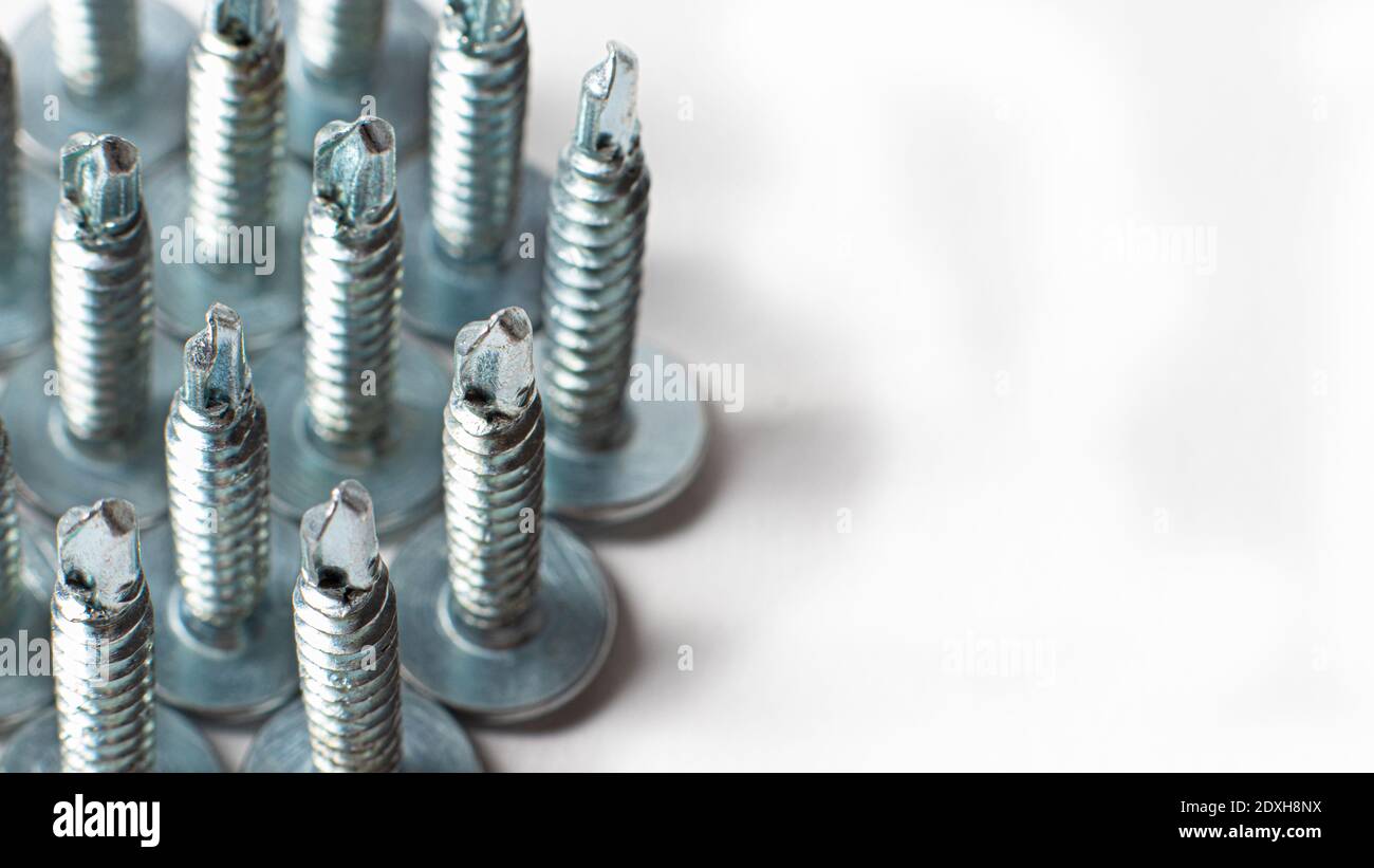 Self-cutters on a white background banner with space for text. Construction tools, self-tapping screws for fastening. Black screw hardware Stock Photo