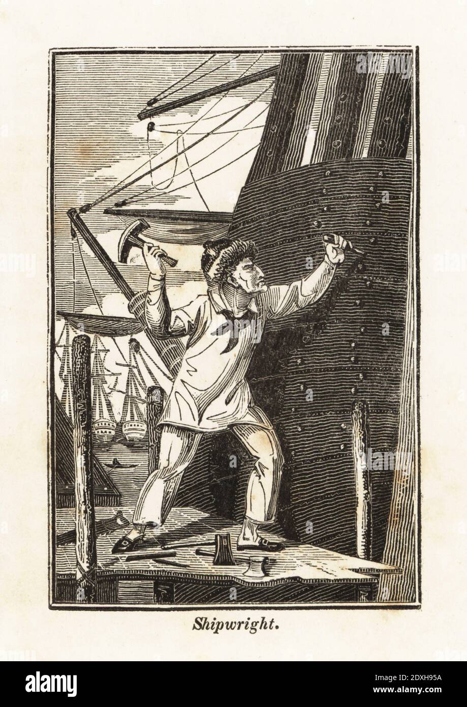 Shipwright or ship's carpenter standing on a scaffold driving wedges into the stern of a ship with a wooden trunnel. At his feet, his auger, axe and punch. Woodblock engraving from The Book of English Trades, or Library of Useful Arts, F.C.& J. Rivington, London, 1821. Stock Photo