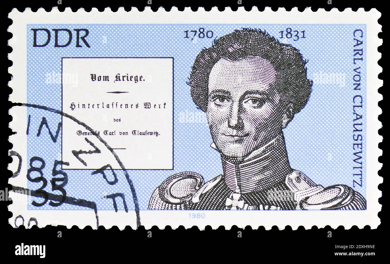 MOSCOW, RUSSIA - MARCH 30, 2019: A stamp printed in Germany, Demoscratic Republic shows Carl Philipp Gottlieb von Clausewitz (1780-1831), Famous Perso Stock Photo