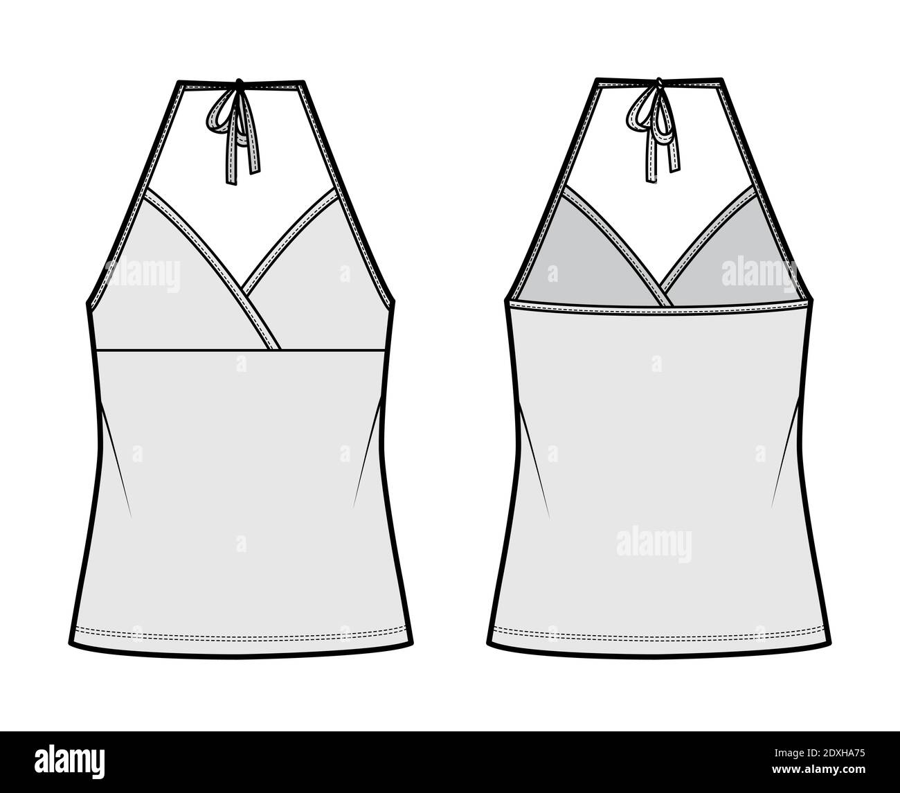 Top halter neck surplice tank cotton-jersey technical fashion illustration with empire seam, bow, oversized, tunic length. Flat outwear template front, back, grey color. Women men CAD mockup Camisole Stock Vector