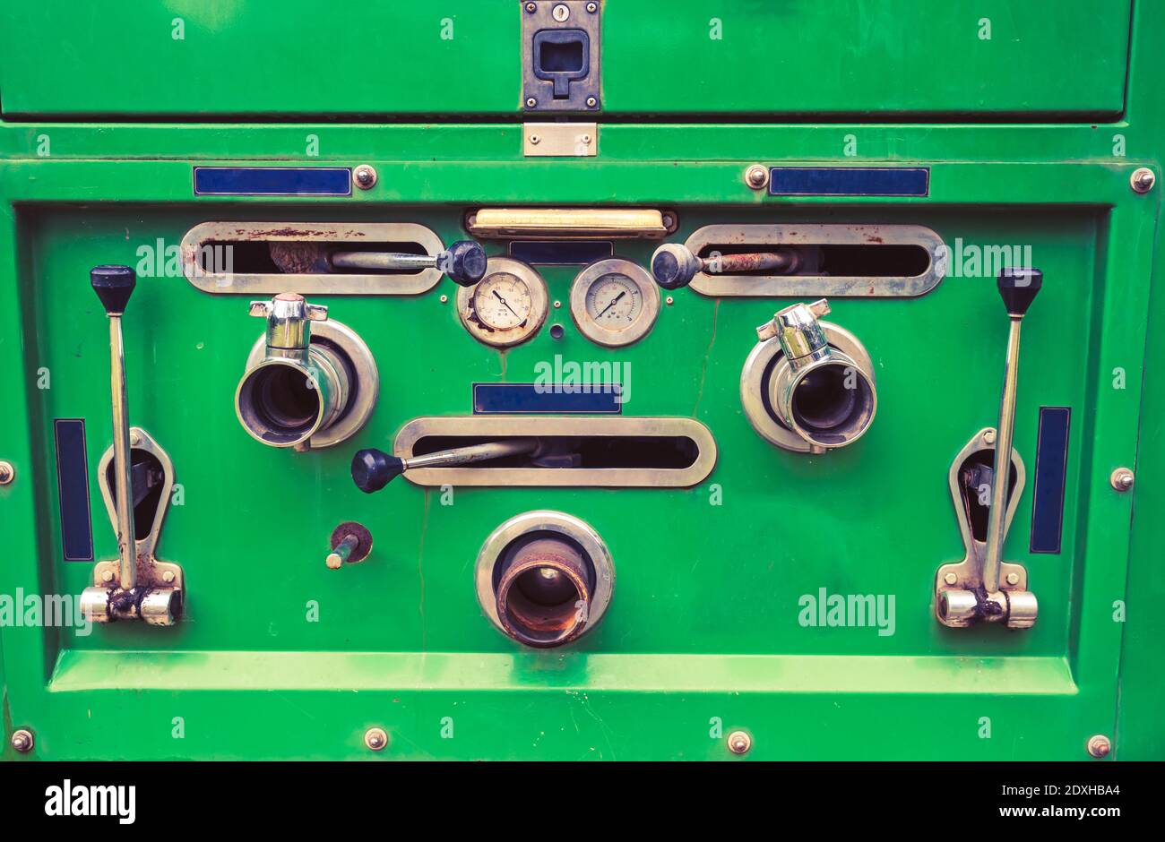 Close up of dials and controls on antique rusting fire truck Stock Photo