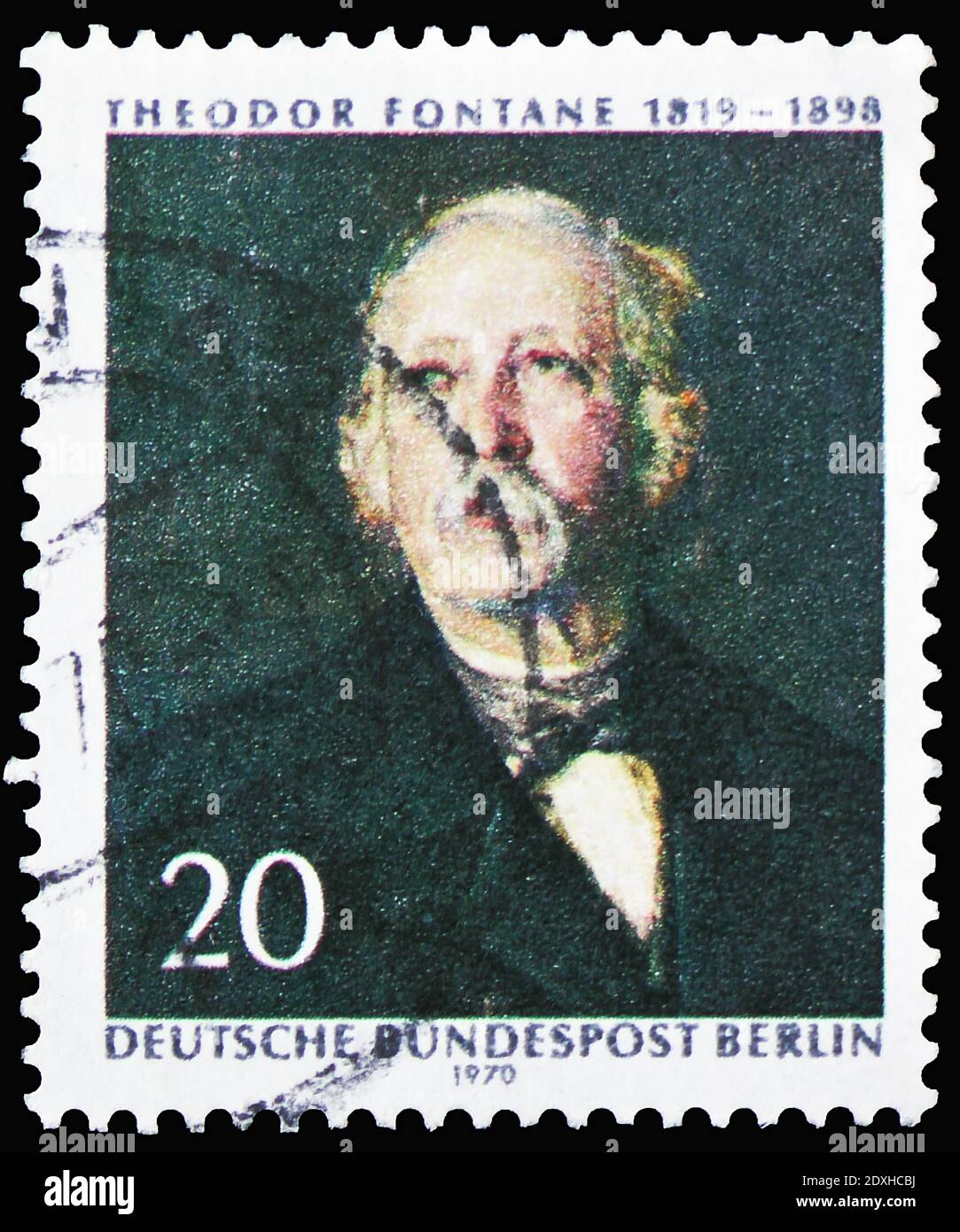 MOSCOW, RUSSIA - MARCH 30, 2019: A stamp printed in Germany, Berlin, shows Theodor Fontane (1819-1898), 150th birthday of Theodor Fontane serie, circa Stock Photo