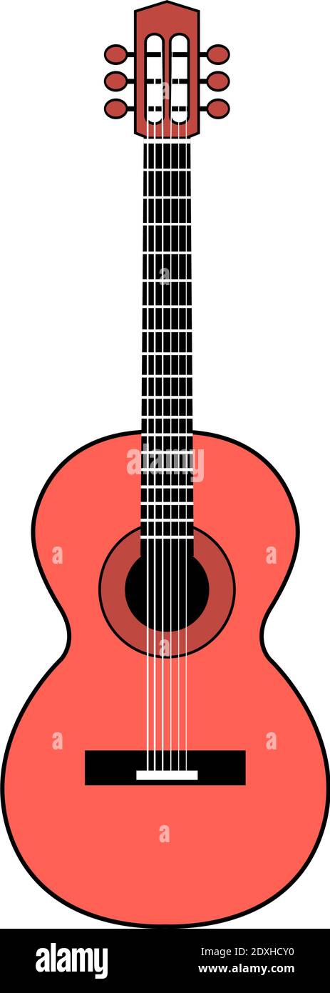 Classical red guitar on a white background. Stringed musical instrument. Vector isolated illustration. Stock Vector