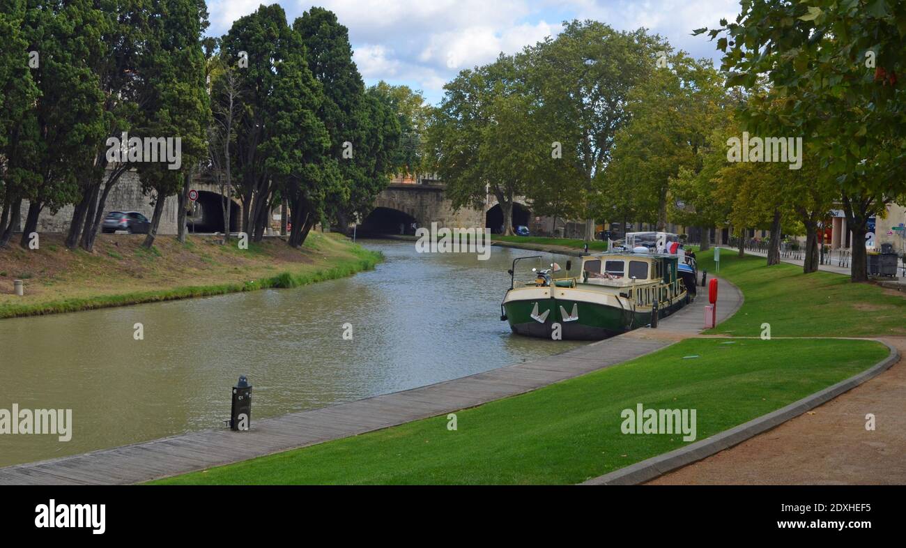 Canal du Midi at Carcassonne Languedoc Roussillon France.with Barge. Stock Photo