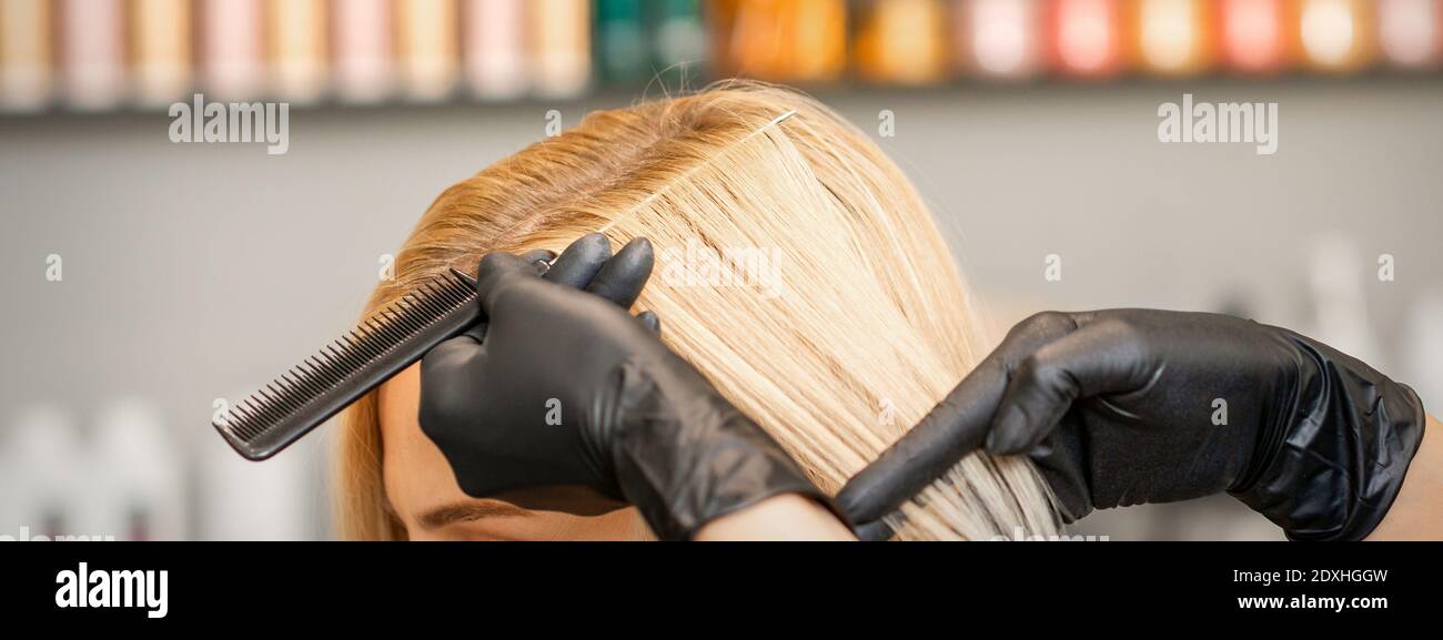 Hairdresser's hand combs female hair before dyeing in a beauty salon Stock Photo