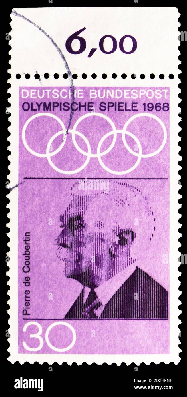 MOSCOW, RUSSIA - MARCH 23, 2019: Postage stamp printed in Germany Federal Republic shows Baron Pierre de Coubertin (1862-1937), Summer Olympics 1968, Stock Photo
