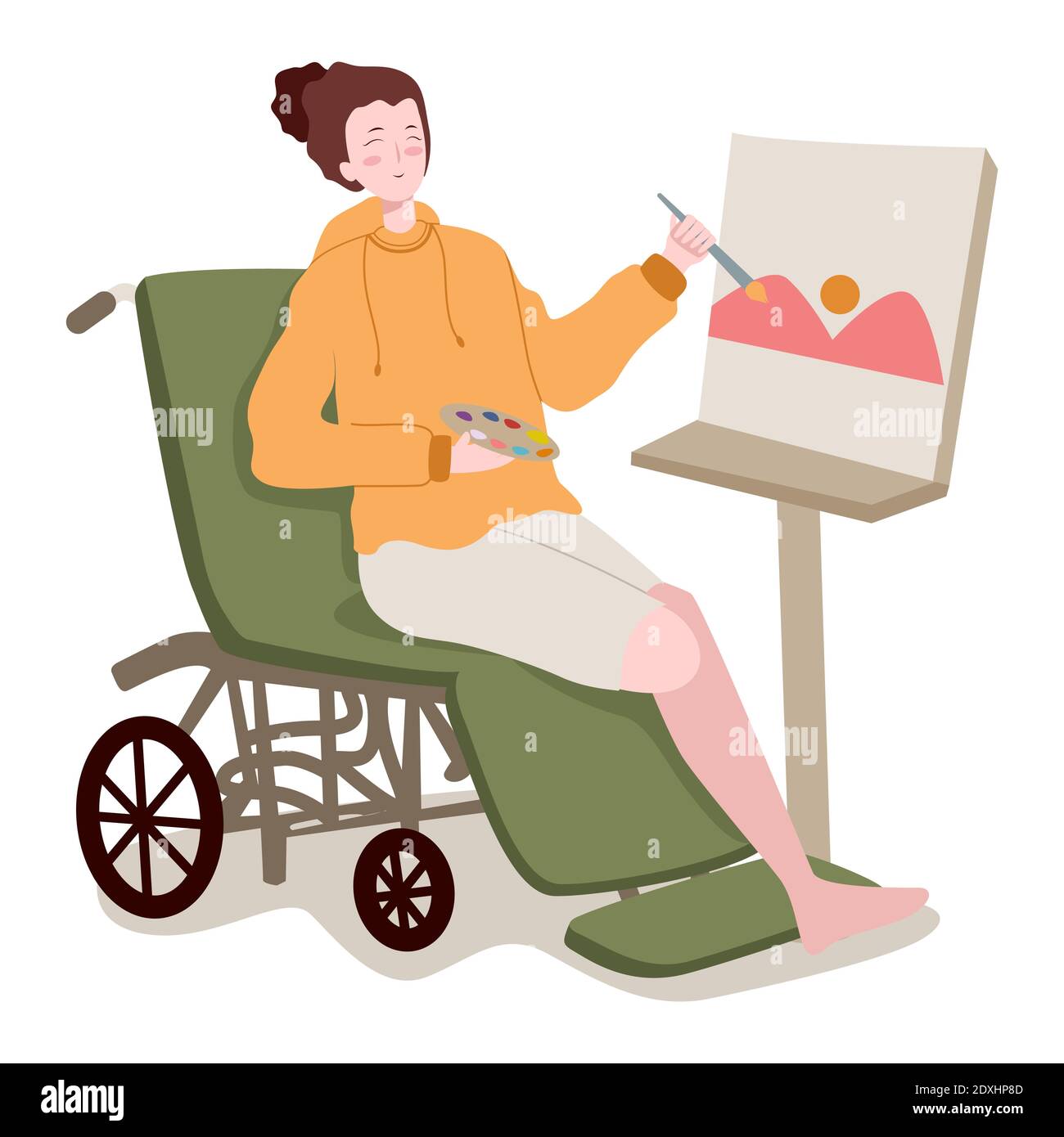 disabled women on wheel chair hold brush palette color painting mountain landscape on canvas with flat cartoon style Stock Vector