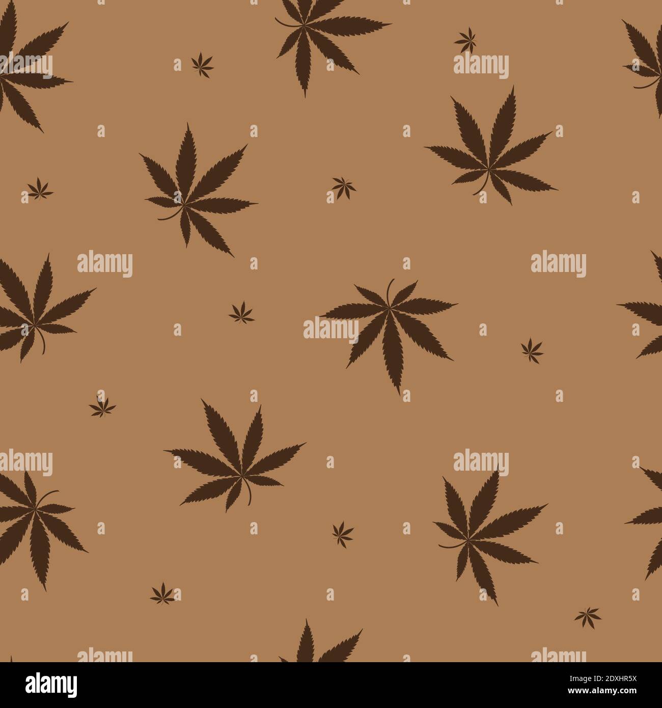 Marijuana or cannabiis leaves seamless pattern. Hemp vector leaf brown on beige background Stock Vector