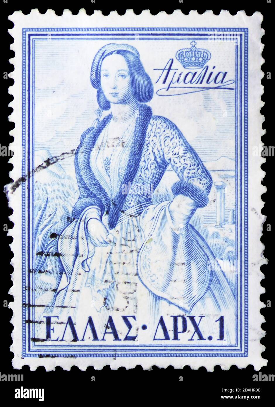 MOSCOW, RUSSIA - MARCH 23, 2019: Postage stamp printed in Greece shows Queen Amalia, Greek Kings and Queens serie, circa 1956 Stock Photo
