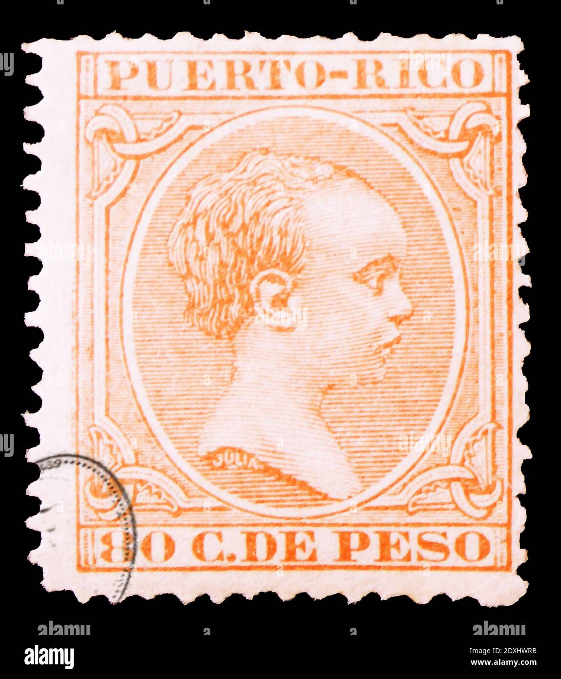 MOSCOW, RUSSIA - MARCH 23, 2019: Rare Postage stamp printed in Puerto Rico shows King Alfonso XIII, serie, circa 1892 Stock Photo