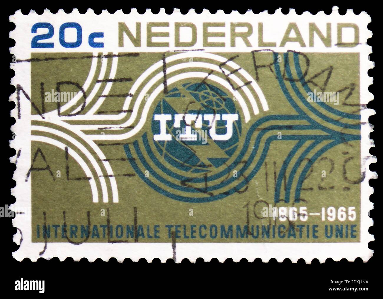MOSCOW, RUSSIA - MARCH 23, 2019: Postage stamp printed in Netherlands shows International Telecommunications Union, I.T.U., Centary serie, circa 1965 Stock Photo