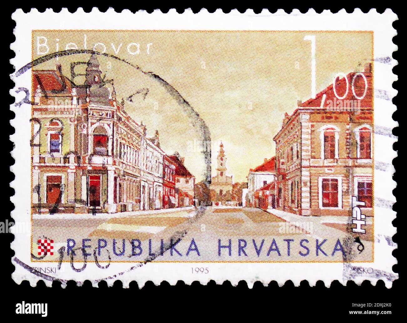 MOSCOW, RUSSIA - MARCH 23, 2019: Postage stamp printed in Croatia shows Zagrebacka Street, Bjelovar, Croatian Towns (III) serie, circa Stock Photo