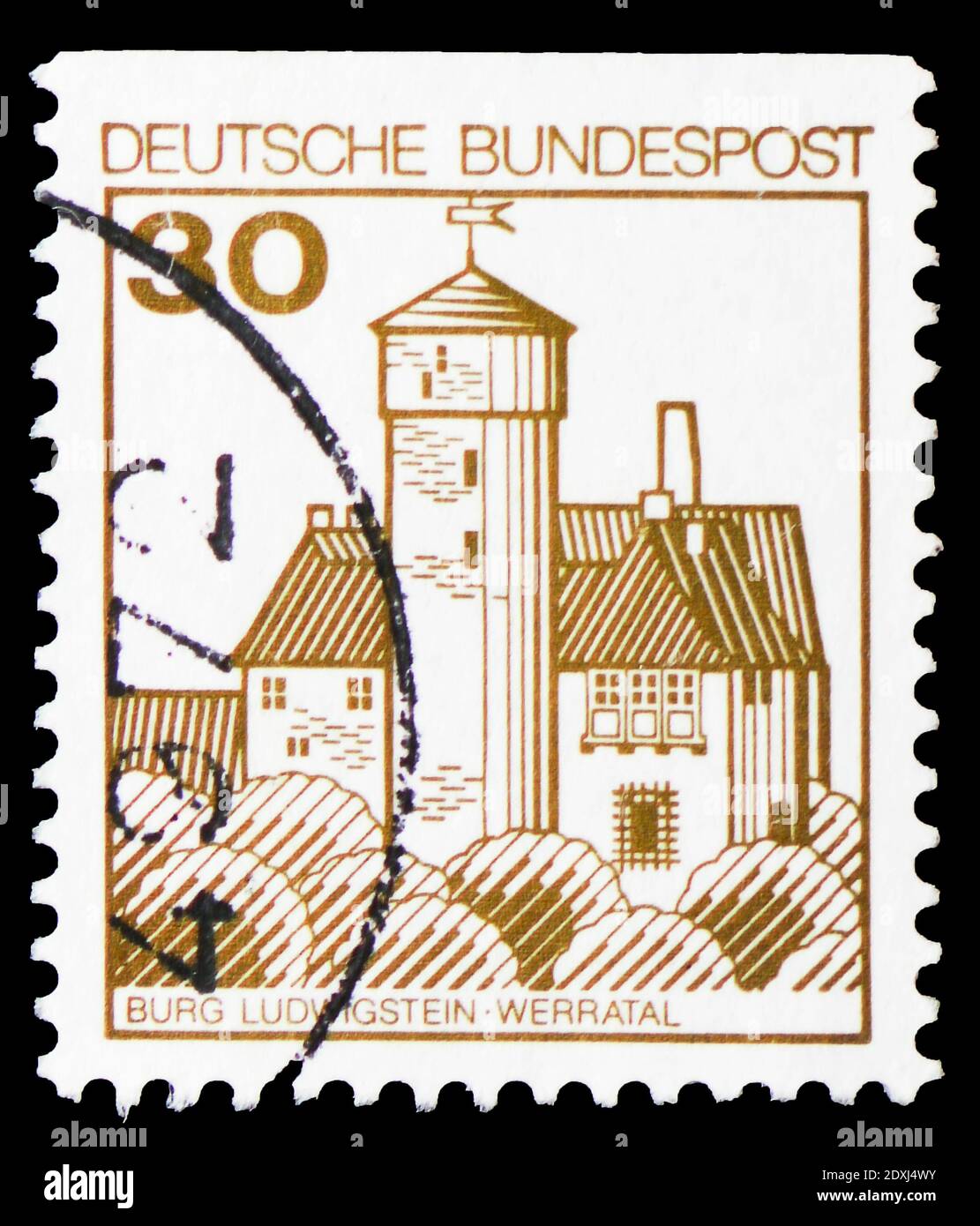 MOSCOW, RUSSIA - MARCH 23, 2019: Postage stamp printed in Germany, Federal Republic shows Ludwigstein Castle, Werra valley, Strongholds and Castles se Stock Photo