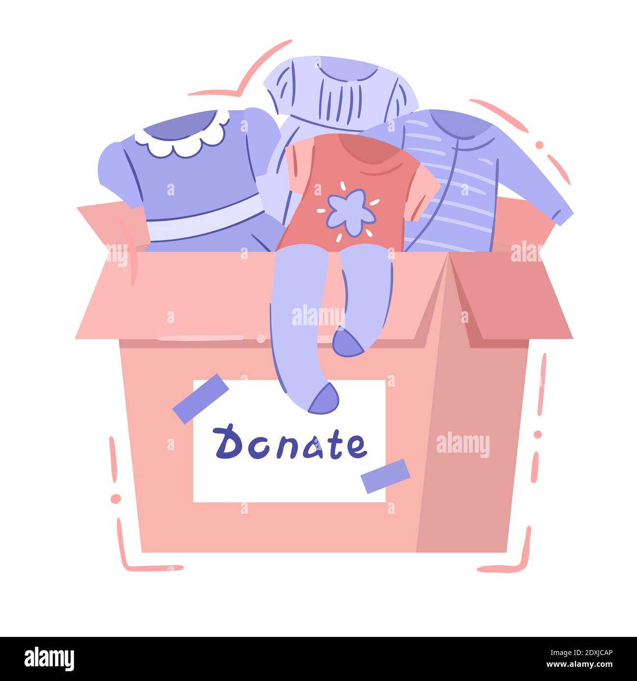 Charity box with baby clothing isolated vector illustration in hand