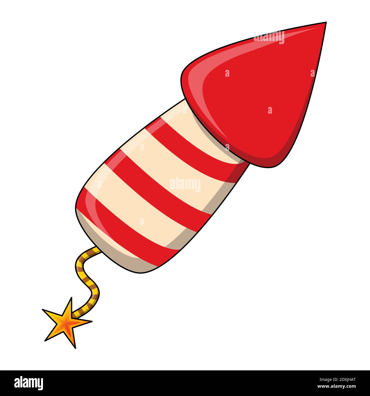 Firework rocket cartoon icon. Red stripes petard symbol for New year design. Vector illustration isolated on white background. Stock Vector